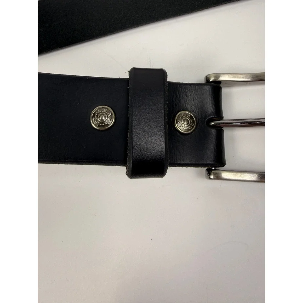 Levis Mens Leather Belt Black Size 38 Silver Tone Harness Buckle Logo Engraved
